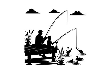 Silhouette of man and boy fishing together peacefully outdoors