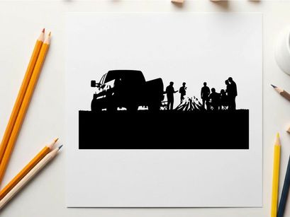 Silhouette of people gathered around campfire beside a truck