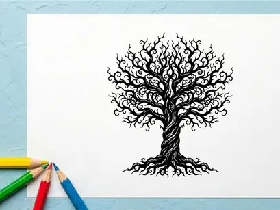 Black silhouette of a leafless tree with intricate branches