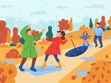 Kids play in rain semi flat vector illustration preview picture