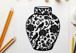Silhouette of a decorative vase with floral pattern and birds
