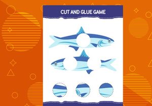 10 Pages Cut and glue game for kids with fish. Cutting practice for preschoolers. Education worksheet.