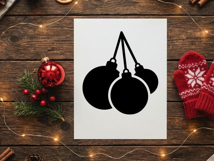 Black silhouette of three Christmas baubles hanging on a white background