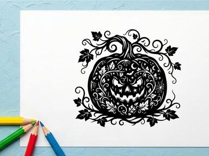 Recorte de Abóbora de Halloween com Rosto Assustador e Vinhas Decorativas