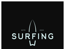 surfing logo with vintage paddle board beach waves, for business, sport, adventure, tourism, vacation