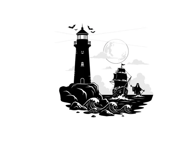 Silhouette of a lighthouse on rocky coast with sailing ship