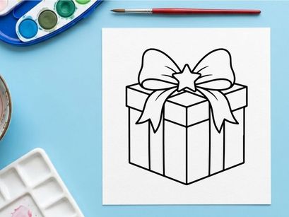 Weihnachtsgeschenkbox mit Stern-Schleifen-Symbol, einfache schwarze und weiße Strichkunst-Vektorgrafik
