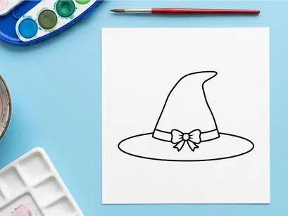 Topi penyihir Halloween dengan pita terisolasi di atas putih. Topi runcing hitam klasik untuk kostum dan dekorasi pesta.
