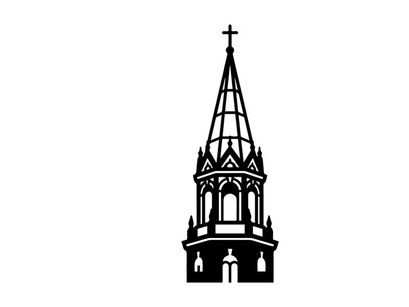 Black silhouette of a church steeple with a cross isolated on a white background.