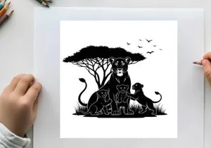 Lioness and cubs silhouette under tree with birds flying overhead savannah scene