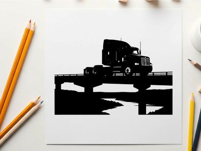 Silhouette of a semi truck driving across a bridge