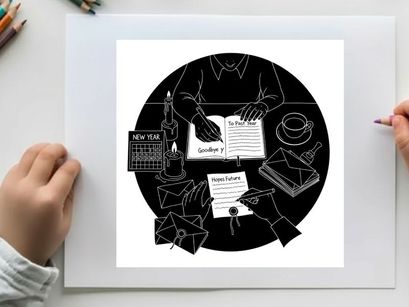 Silhouette of a person reading a book at a desk with stationery