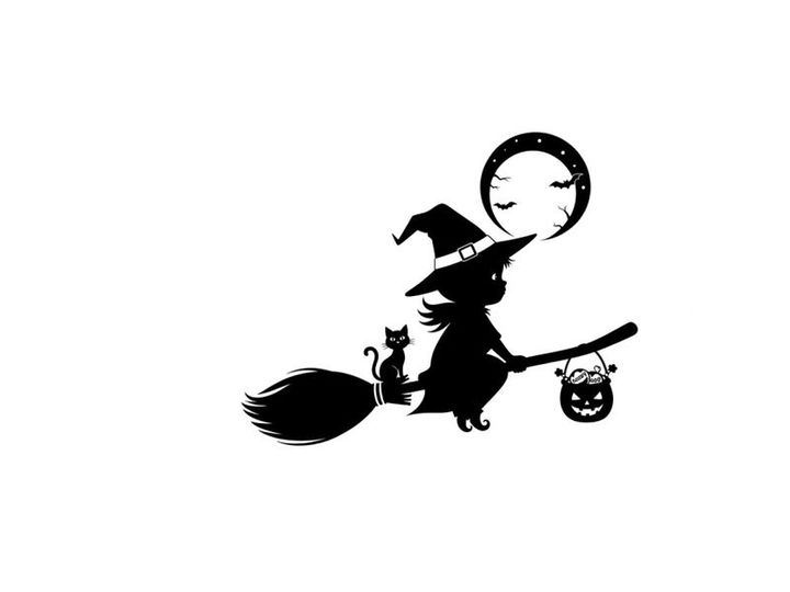 Silhouette of a witch flying on a broomstick with cat and jack o lantern