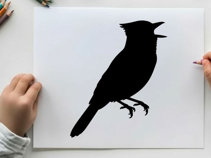 Silhouette of a singing bird in profile view