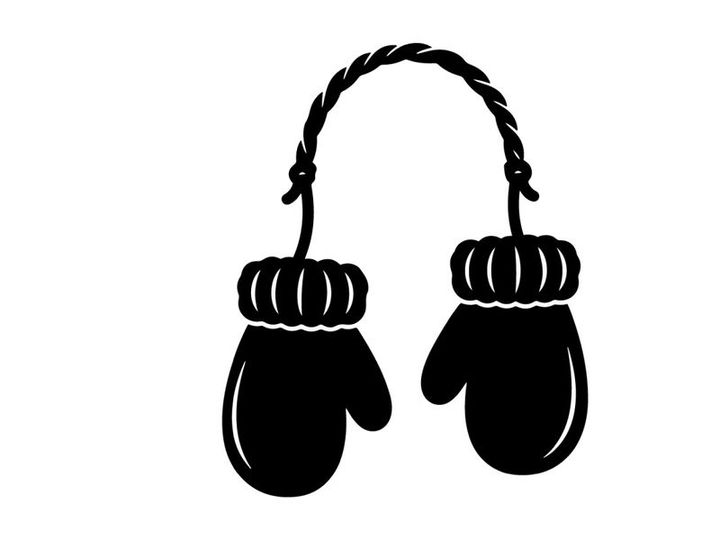 Black silhouette of winter mittens connected by a string on a white background