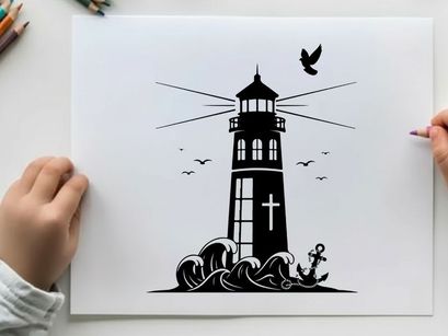 Lighthouse silhouette standing tall against turbulent seas and sky