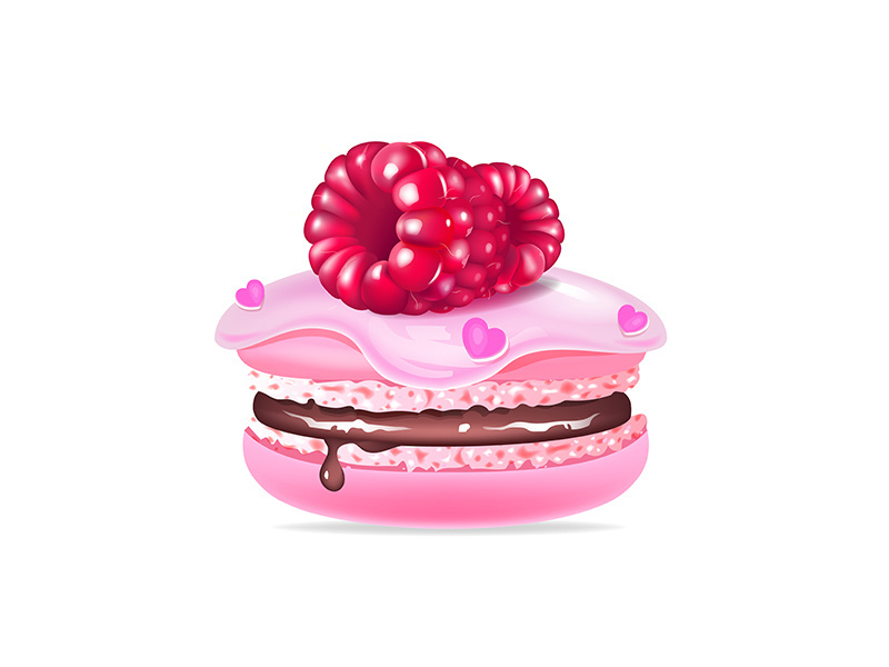 Macaroon, creamy dessert with raspberries realistic vector illustration