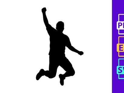A silhouette of a person jumping in the air with one arm raised