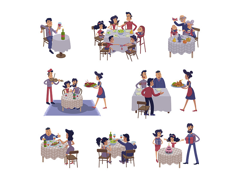 People at table flat cartoon illustrations kit