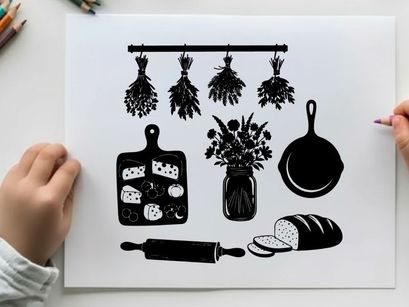 Silhouette of kitchen utensils and herbs on a rack
