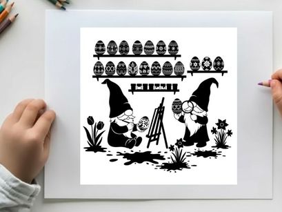 Gnomes painting easter eggs in a garden silhouette scene