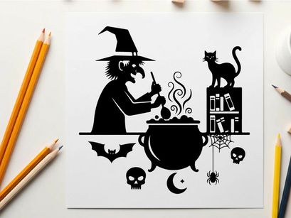 Silhouette of witch stirring cauldron with cat and halloween symbols