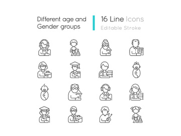 Different age and gender groups linear icons set preview picture