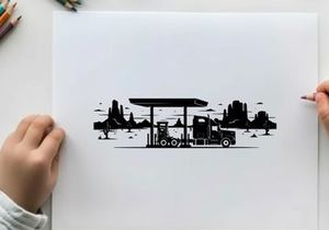 Silhouette of a truck at a gas station with cityscape background silhouette