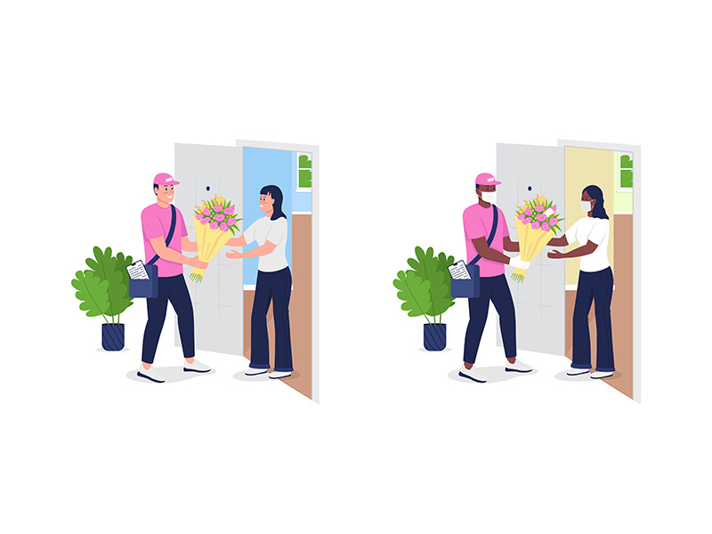 Delivery man with flowers and customer flat color vector detailed character set