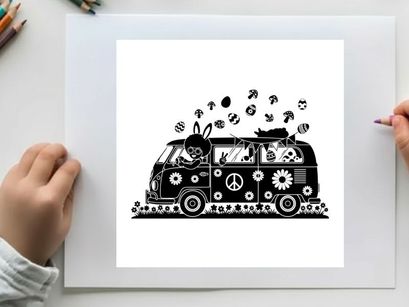 Silhouette of a decorated van with peace signs and flowers