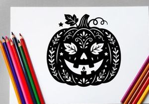 Schwarz-Weiß Halloween-Kürbis mit Fledermaus- und Blatt-Design