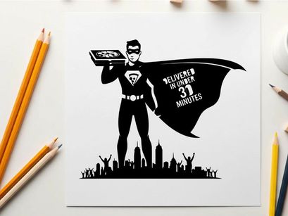 Superhero silhouette delivering food in 30 minutes guaranteed
