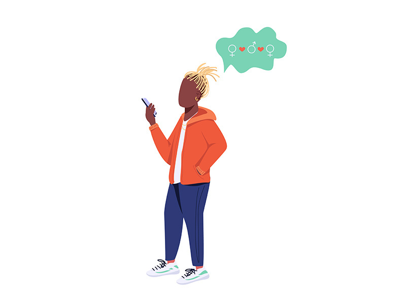 Young guy with smartphone flat color vector faceless character