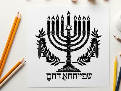 Menorah silhouette with hebrew text and olive branches