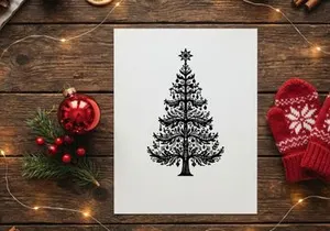 Decorative Christmas tree illustration with intricate floral patterns and star topper