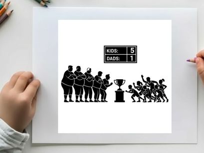 Silhouette of kids versus dads competition with trophy silhouette