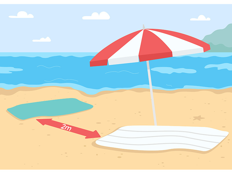 Seaside beach vacation with coronavirus restrictions flat color vector illustration