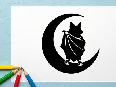 Ilustración de silueta estilizada de un gato negro con capa sentado en una luna creciente