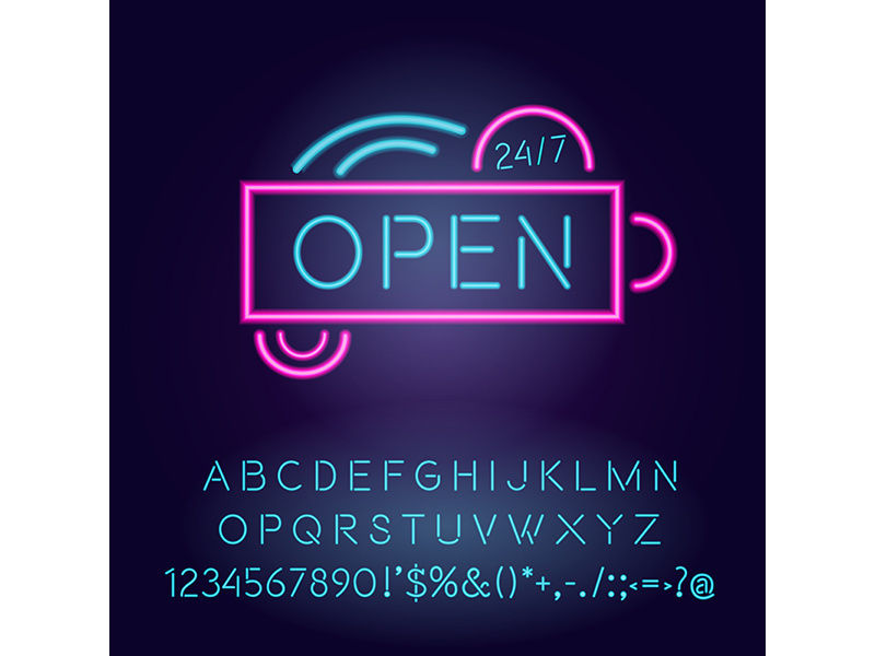 Open 24 hours vector neon light board sign illustration