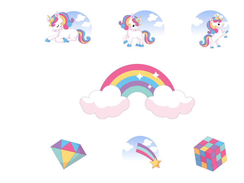 Magical unicorn at cloud, set unicorn colored