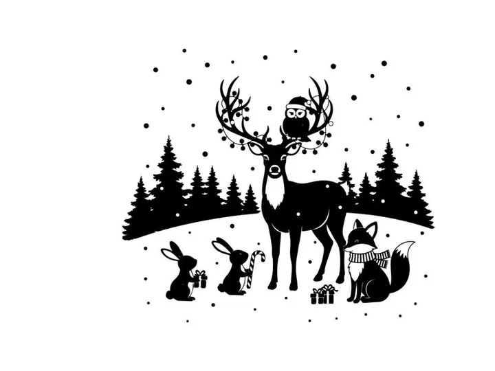 Winter wonderland scene with silhouette of reindeer and friends