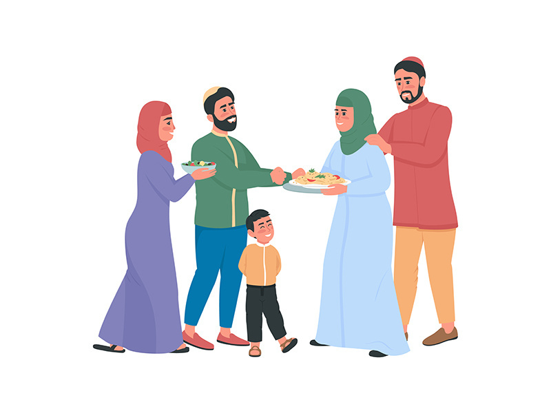 Happy arabian families exchanging food flat color vector faceless characters