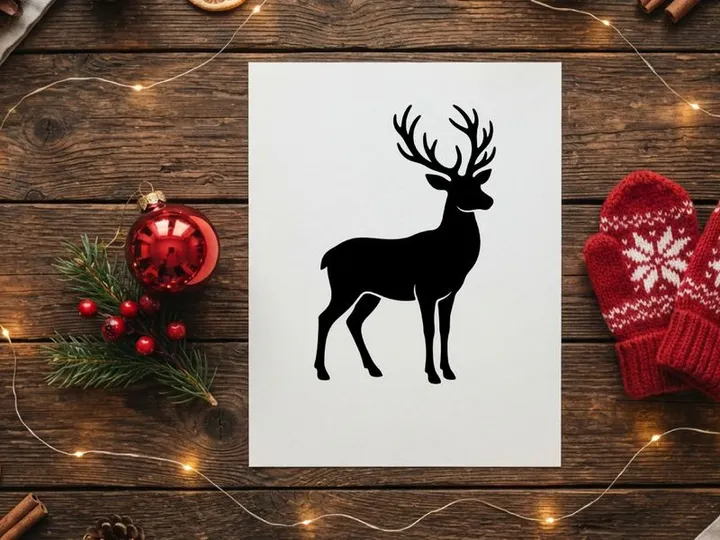 Black silhouette of a majestic deer with large antlers isolated on a white background.
