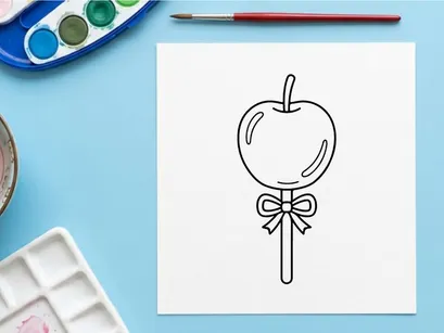 Candy apple line drawing. Süßes Karamell-Obst mit einem dekorativen Schleifen-Bogen-Icon.