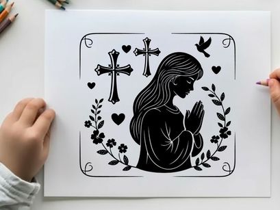 Praying silhouette of a woman with flowers and crosses