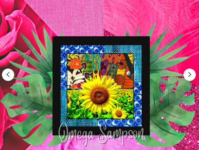 Sunflower in a Sunflower Field with Colorful Retro African Patchwork Background & Border DIGITAL Printable Downloadable Wall Art Flower Art
