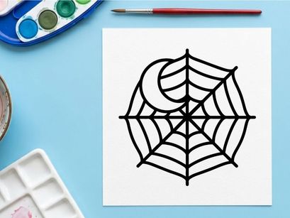 Hand-drawn Halloween spider web with spider illustration. Vintage black and white creepy crawly sketch for seasonal decor and crafts.