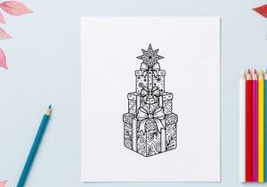 Caixas de presente de Natal empilhadas com topo de estrela, ilustração em arte de linha preto e branco.