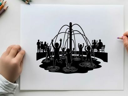 Silhouette of children playing in a splash pad on a sunny day silhouette