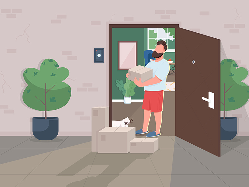 Contactless delivery during lockdown flat color vector illustration